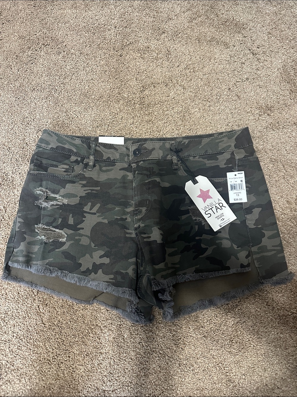 Vanilla Star Olive Camo Distressed Frayed Hem Jean Shorts